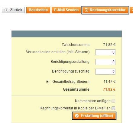 Magento Rechnungkorrektur Gutschrift erstellen