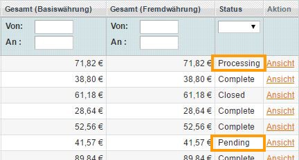 Magento Bestellstatus Bestellübersicht