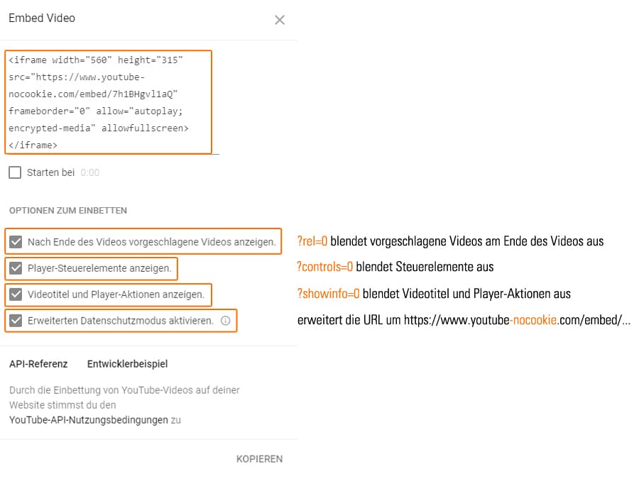 Einstellungen Youtube Embed Code