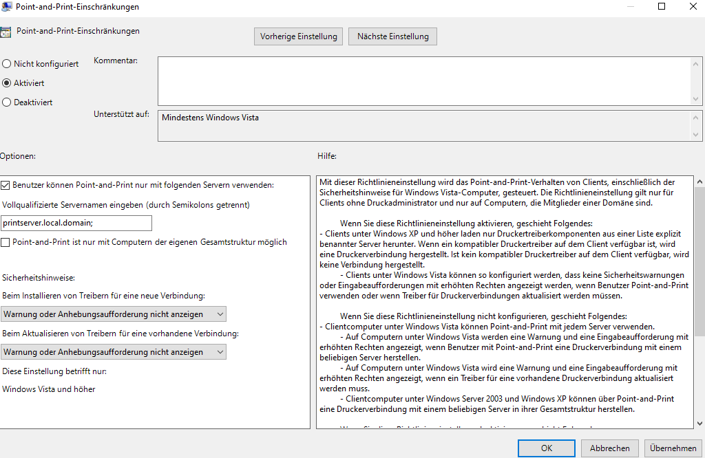 ComputerkonfigurationAdministrativeVorlagenDruckerPointundPrintEinschränkungen