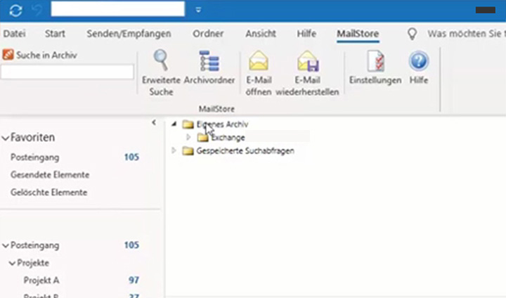 Mailstore Integration in Outlook: Screenshot des Add-ins