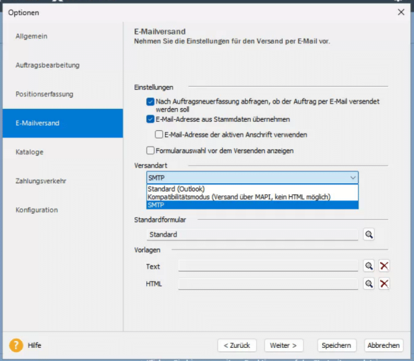 Versandart auf SMTP umstellen und SMTP verwalten