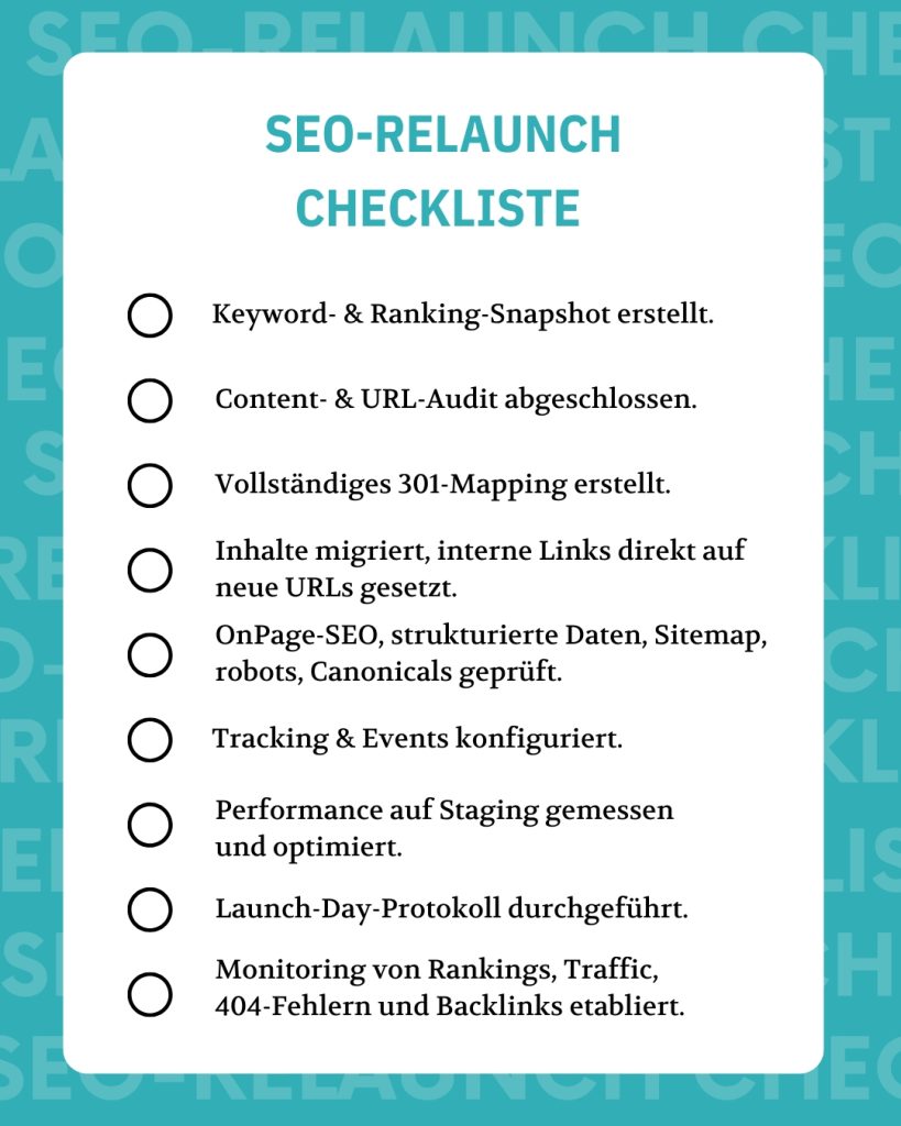 Keyword- & Ranking-Snapshot erstellt. Content- & URL-Audit abgeschlossen. Vollständiges 301-Mapping erstellt. Inhalte in WordPress migriert, interne Links direkt auf neue URLs gesetzt. OnPage-SEO, strukturierte Daten, Sitemap, robots, Canonicals geprüft. Tracking & Events konfiguriert. Performance auf Staging gemessen und optimiert. Launch-Day-Protokoll durchgeführt. Monitoring von Rankings, Traffic, 404-Fehlern und Backlinks etabliert.